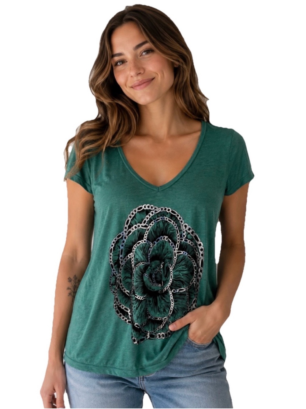 Lauren Moshi Chain & Floral Women's Green V-Neck Short Sleeve Tee Size Small